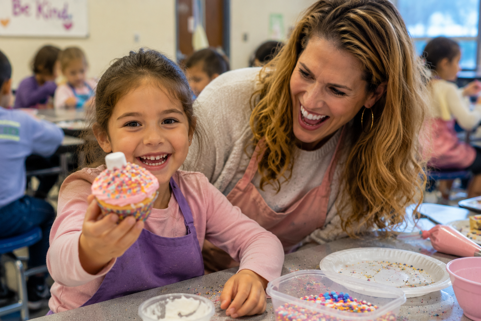 A smiling child showing a finished edible art project