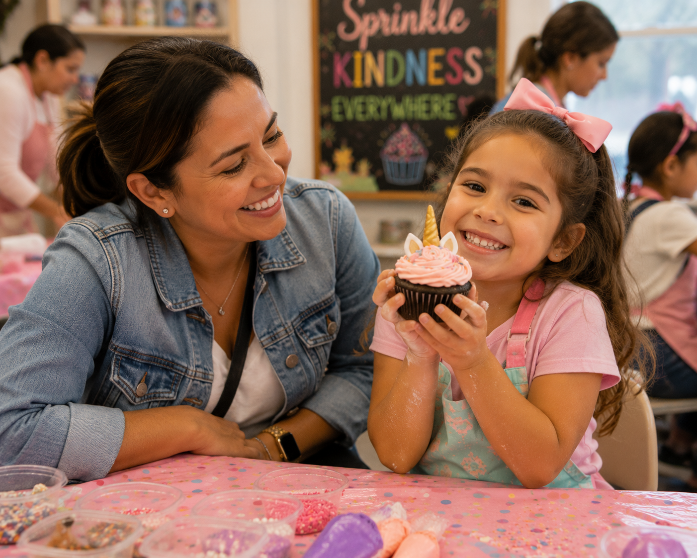 A proud mom celebrating a child's finished Sprinkle Mom creation