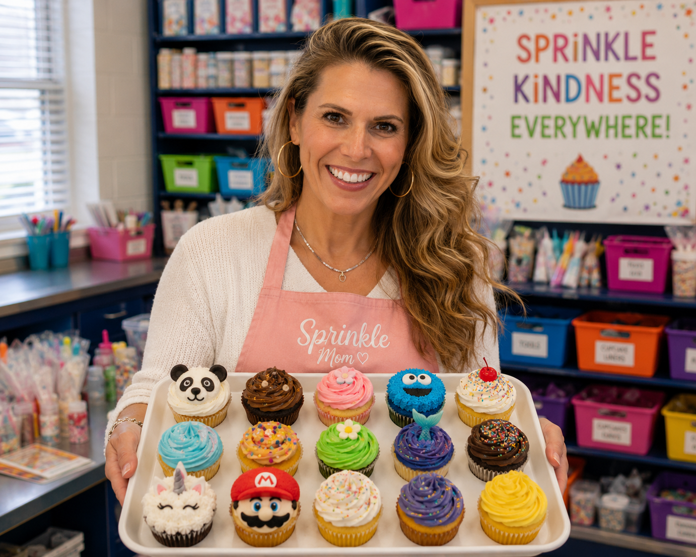 Sandy smiling with children while decorating cupcakes