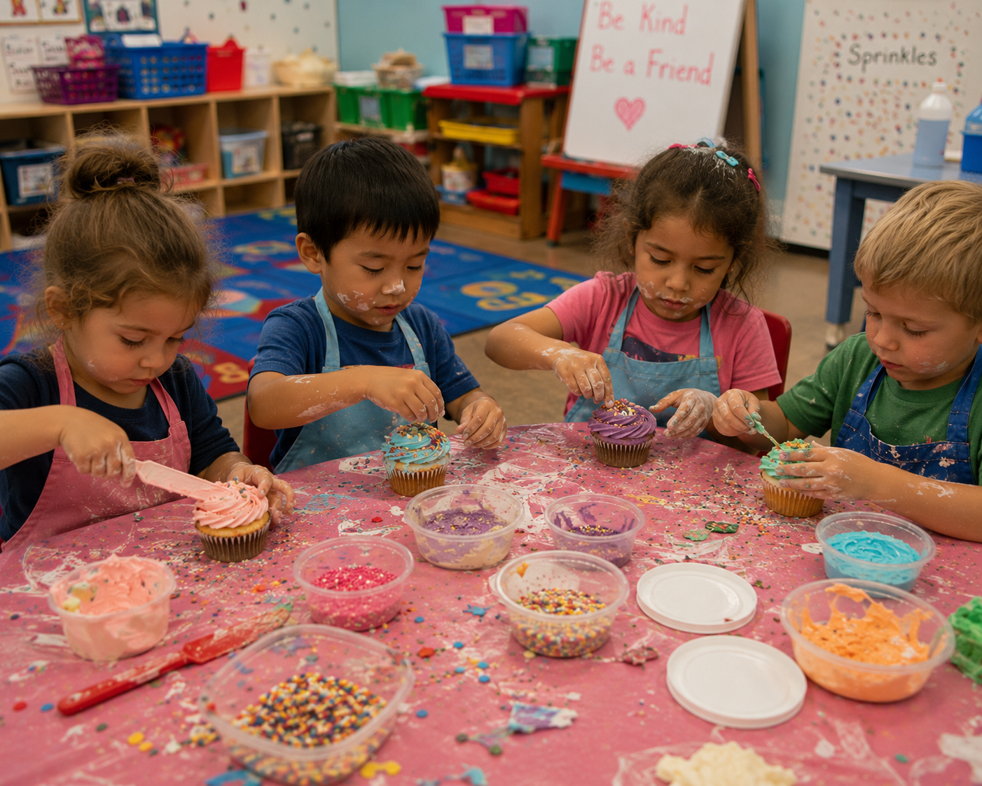 Young children decorating together at a kindergarten-friendly table