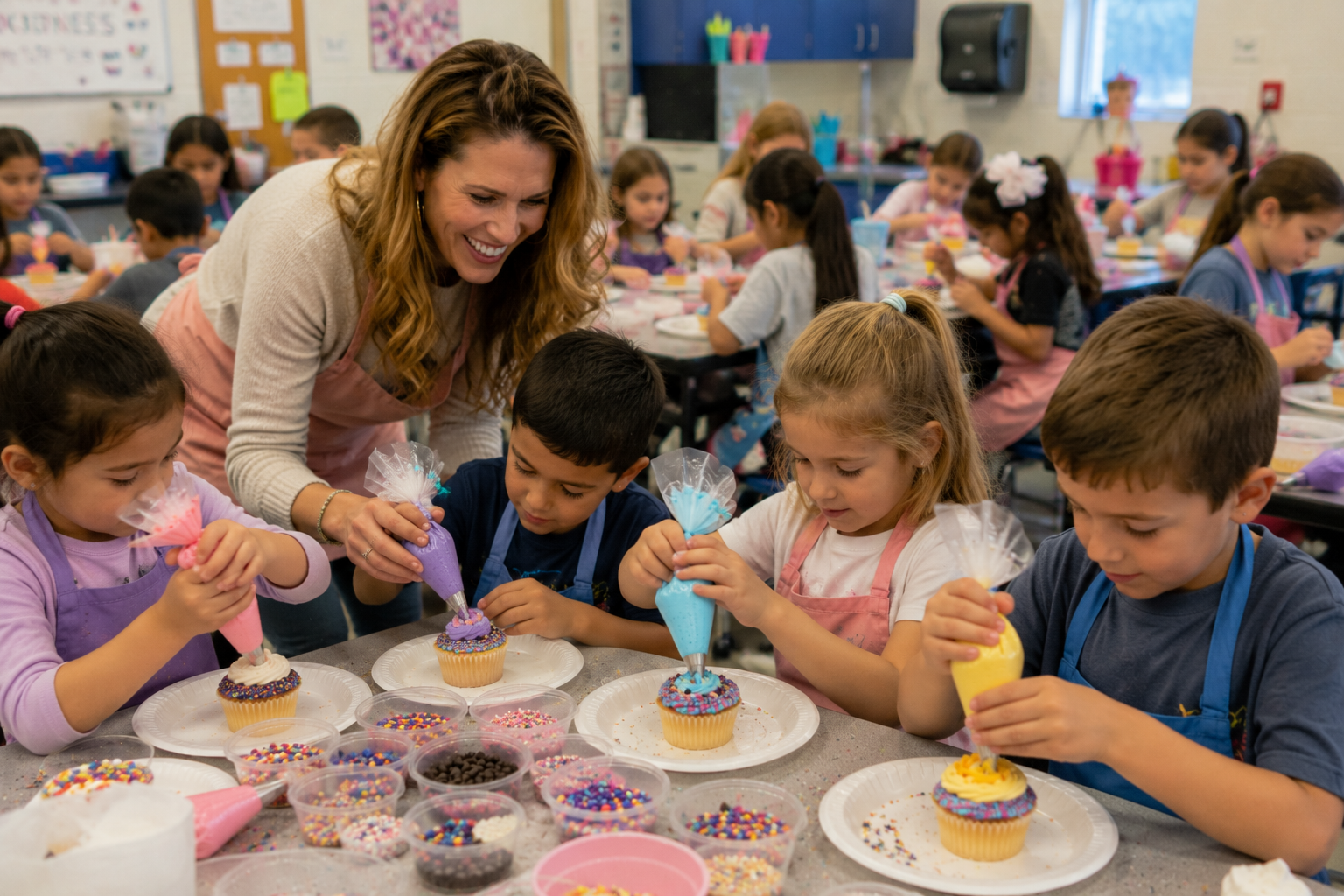 Sandy smiling with four children during a Sprinkle Mom class